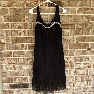 Spirit Black Midi Flapper Dress with Silver Fringe
